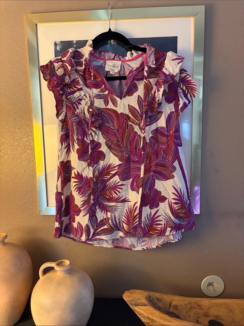 Umgee White Top with Pink and Purple Tropical Print Boutique Blouse size S